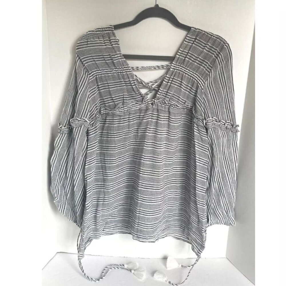 Derek Lam Gray Stripe Cotton Tunic Shirt V-Neck Tassel Tie Womens 10 - Picture 3 of 10